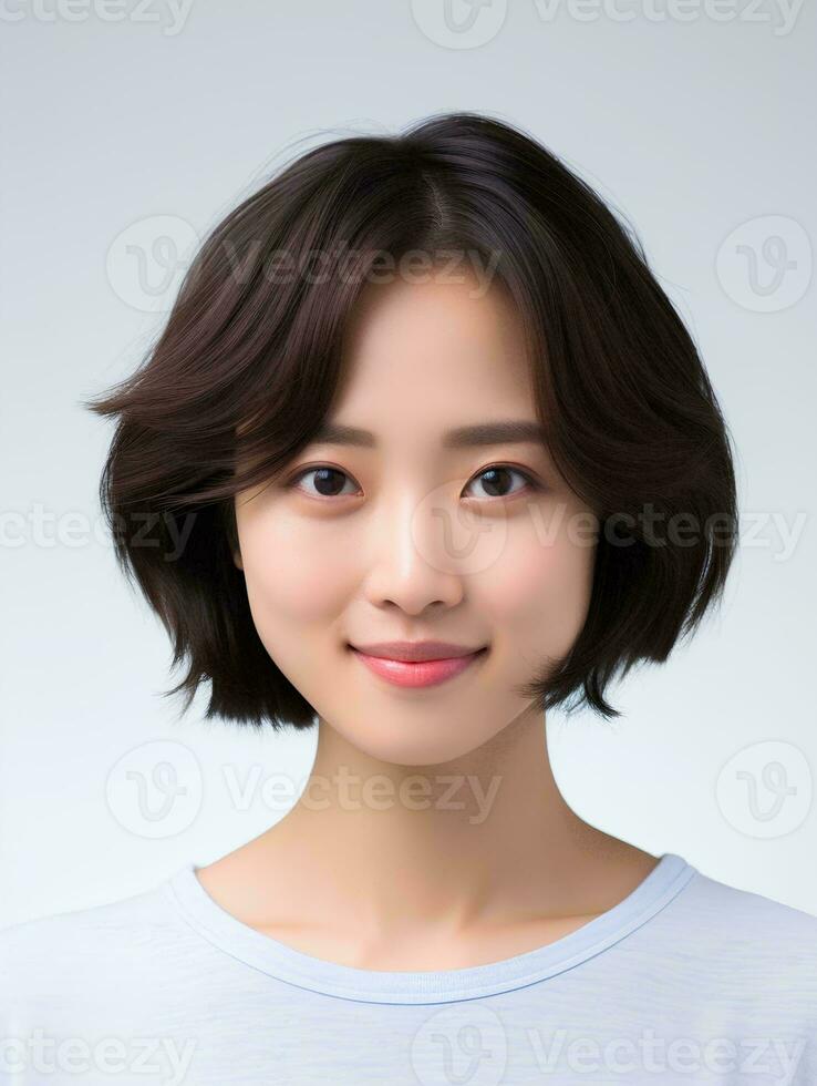 AI generated Portrait of beautiful Japanese woman with short bob haircut, isolated white background, AI Generative photo