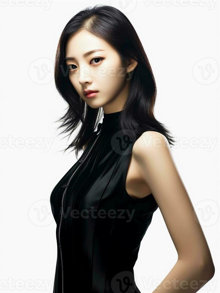 AI generated Portrait of young Japanese female beauty model with pure white skin, wearing black velvet dress with slit, sexy pose, glowing skin, studio photo, isolated black background, AI Generative photo