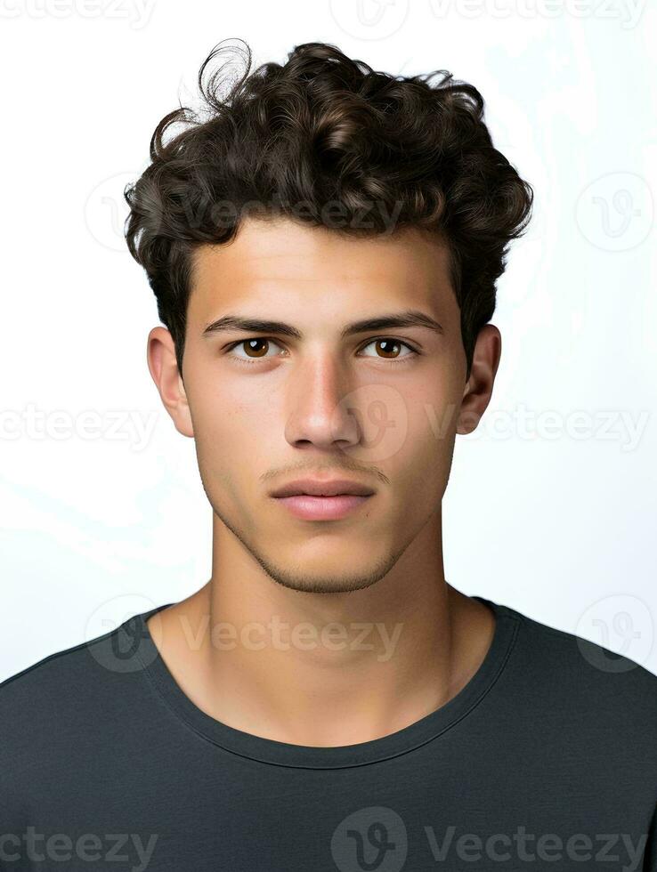 ai generado retrato de un joven hombre, No facial expresión, frente a el cámara, aislado blanco fondo, ai generativo foto