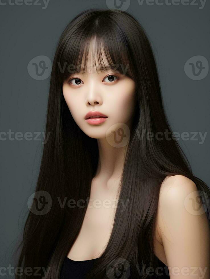 AI generated Portrait of beautiful young Korean woman with long straight hair with soft bangs, AI Generative photo