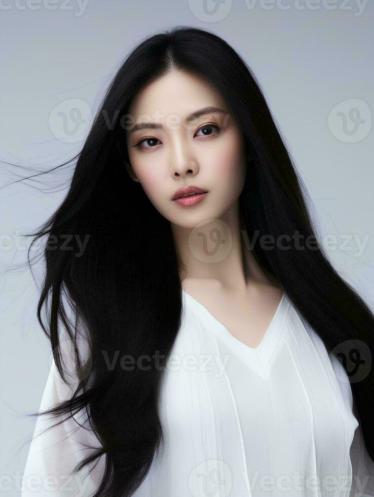 AI generated portrait of beautiful Asian woman with long black hair on isolated background, AI Generative photo