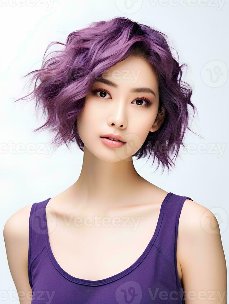 AI generated Portrait of beautiful young Japanese woman with short wavy purple hair on isolated white background, AI Generative photo