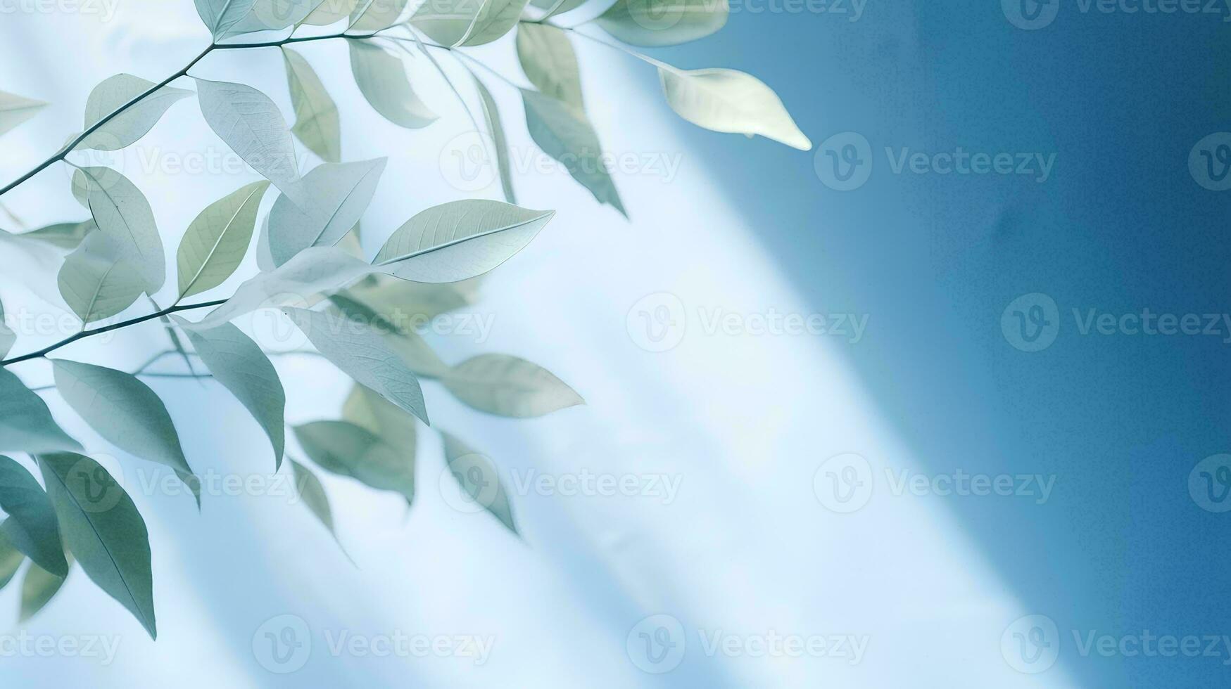 AI generated Blurred shadow of plant leaves on light blue wall, Abstract background for product presentation, Spring and summer photo