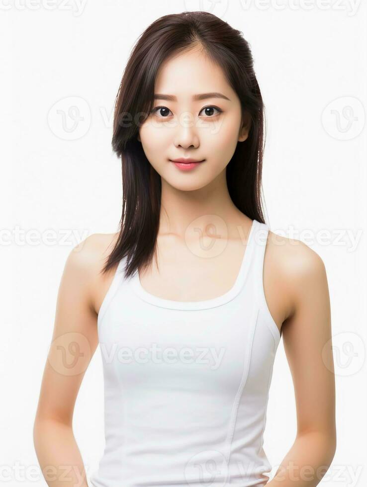 AI generated Portrait of young Asian female beauty model wearing tank top with clean white skin, studio photo, isolated white background, AI Generative photo