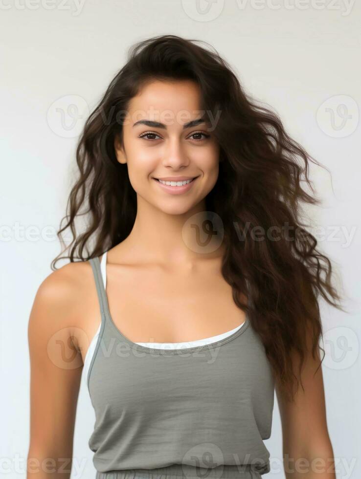 AI generated Portrait of a beautiful young Latin woman with clean white skin wearing a tank top, as a beauty model photo, beautiful smile expression photo