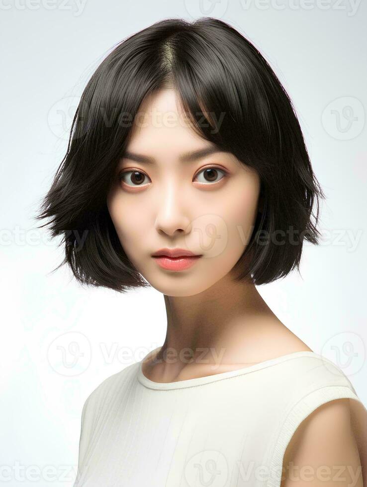 AI generated Portrait of beautiful Japanese woman with short bob haircut, isolated white background, AI Generative photo