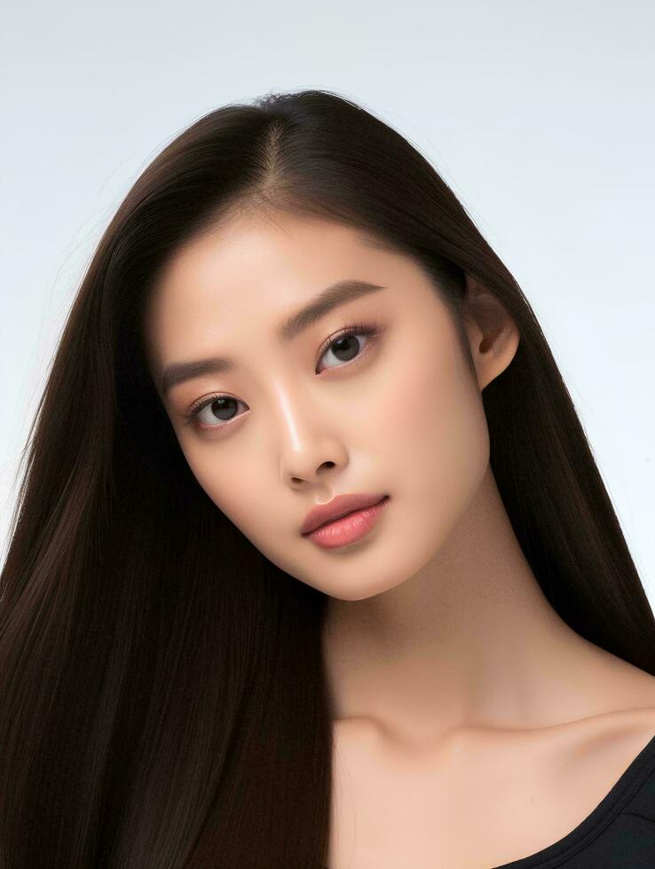 AI generated beautiful young asian woman long straight hair with Korean style makeup and perfect clean skin on isolated white background, AI Generative photo