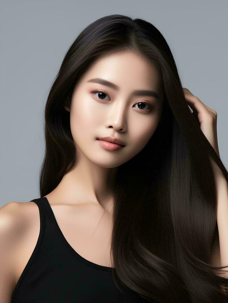 AI generated beautiful young asian woman long straight hair with Korean style makeup and perfect clean skin on isolated white background, AI Generative photo