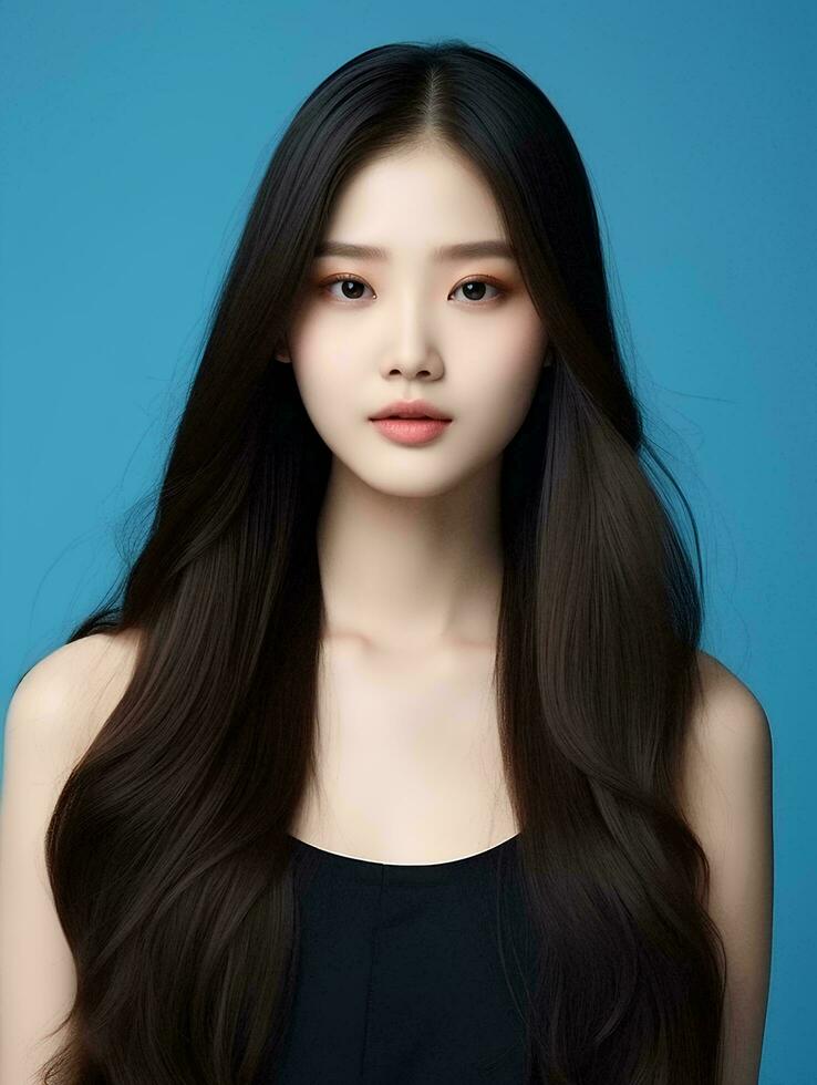 AI generated Young beauty japanese woman long straight hair with Korean style makeup and perfect clean skin on isolated blue background, AI Generative photo