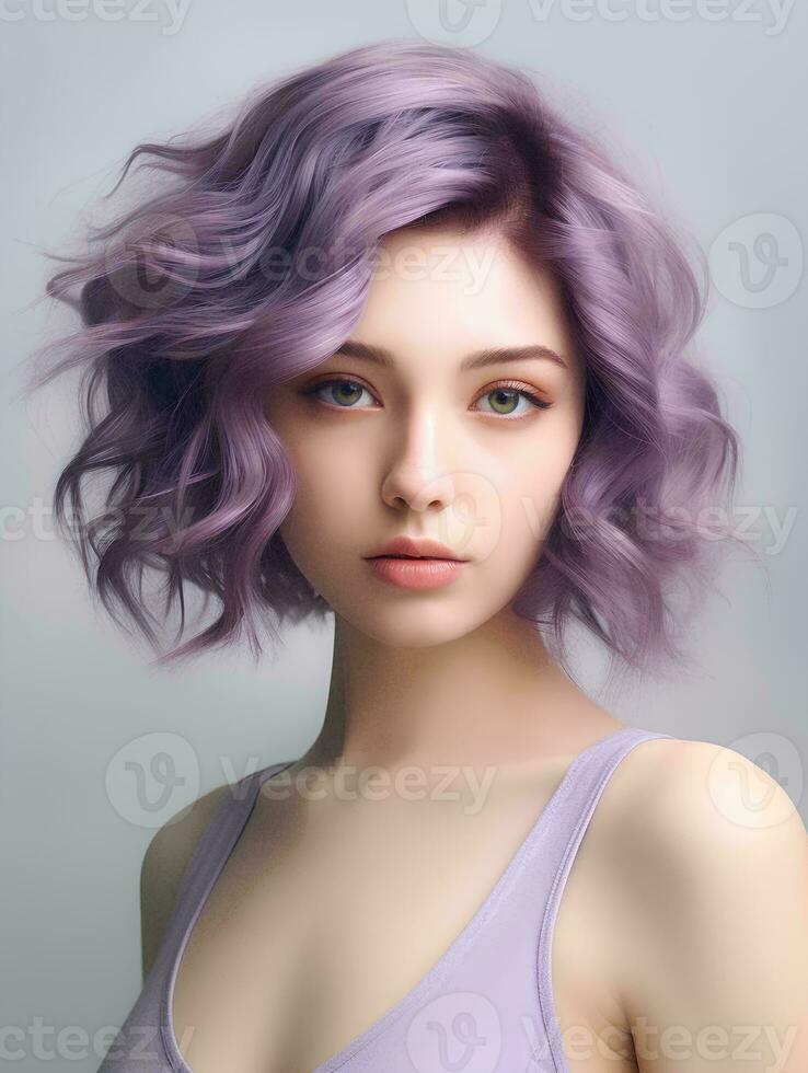 AI generated Portrait of beautiful young Japanese woman with short wavy purple hair on isolated white background, AI Generative photo