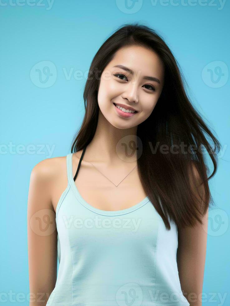 AI generated Portrait of beautiful asian woman on isolated light blue background, wearing tank top, beauty model photo