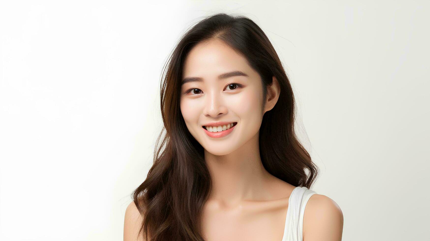 ai generado profesional estudio foto de hermosa joven blanco japonés hembra modelo con Perfecto limpiar dientes con sonriente expresión, aislado blanco antecedentes