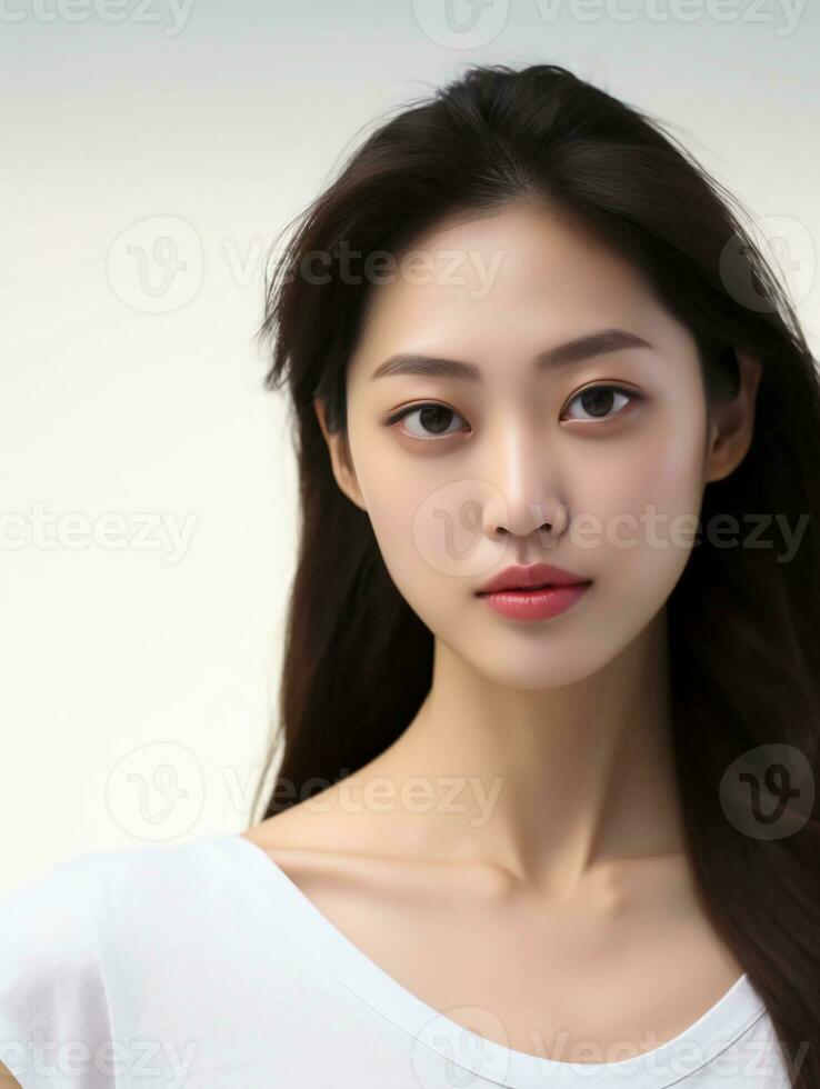 AI generated Portrait of white and clean young Japanese female beauty model, graceful posing, studio photo, isolated white background, AI Generative photo