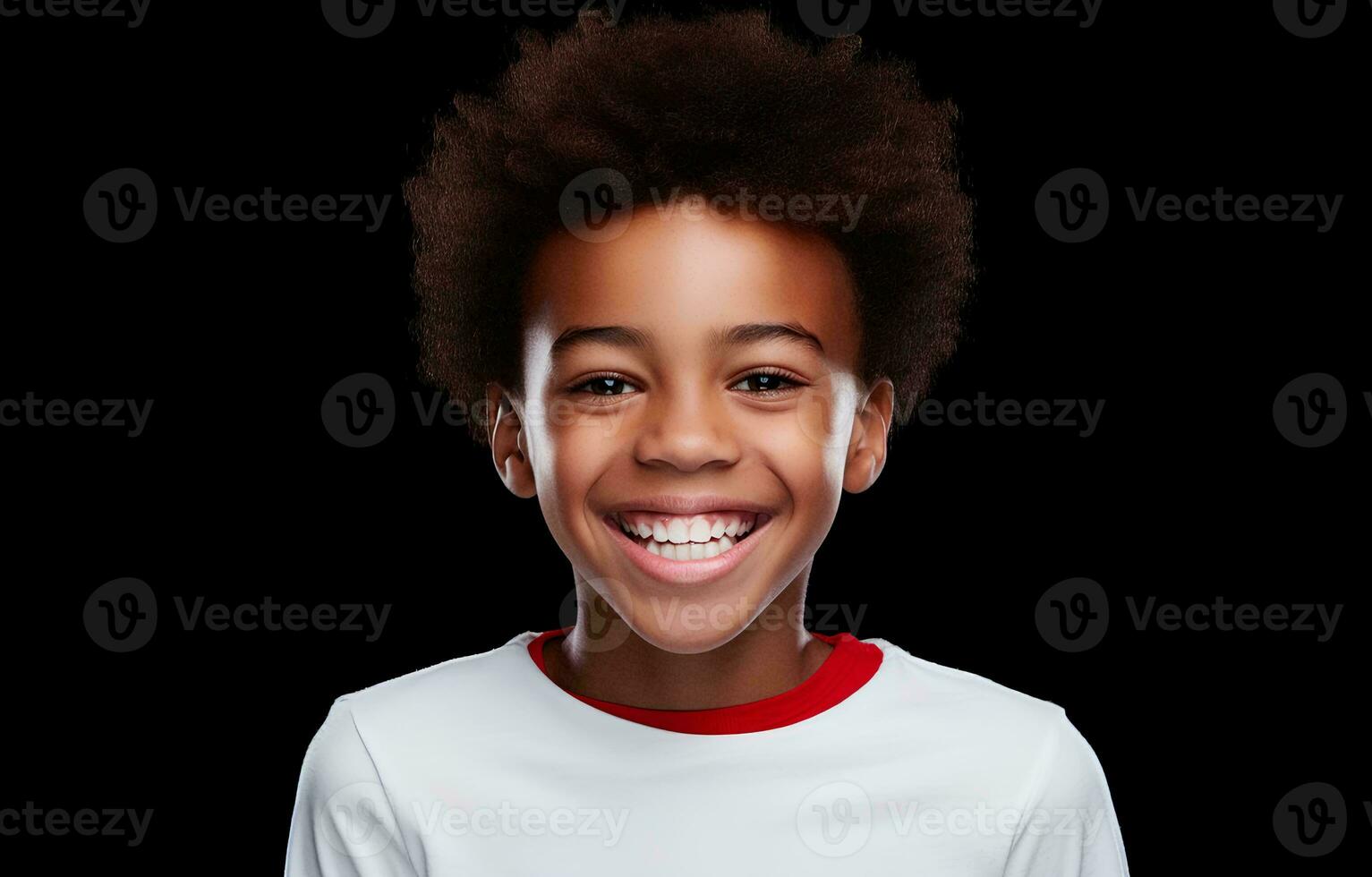 AI generated portrait of cute african boy model with perfect clean teeth laughing and smiling, studio photo, isolated white background photo