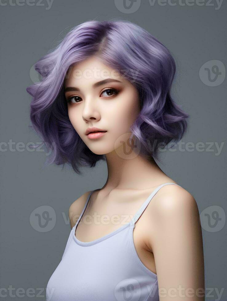 AI generated Portrait of beautiful young Japanese woman with short wavy purple hair on isolated white background, AI Generative photo