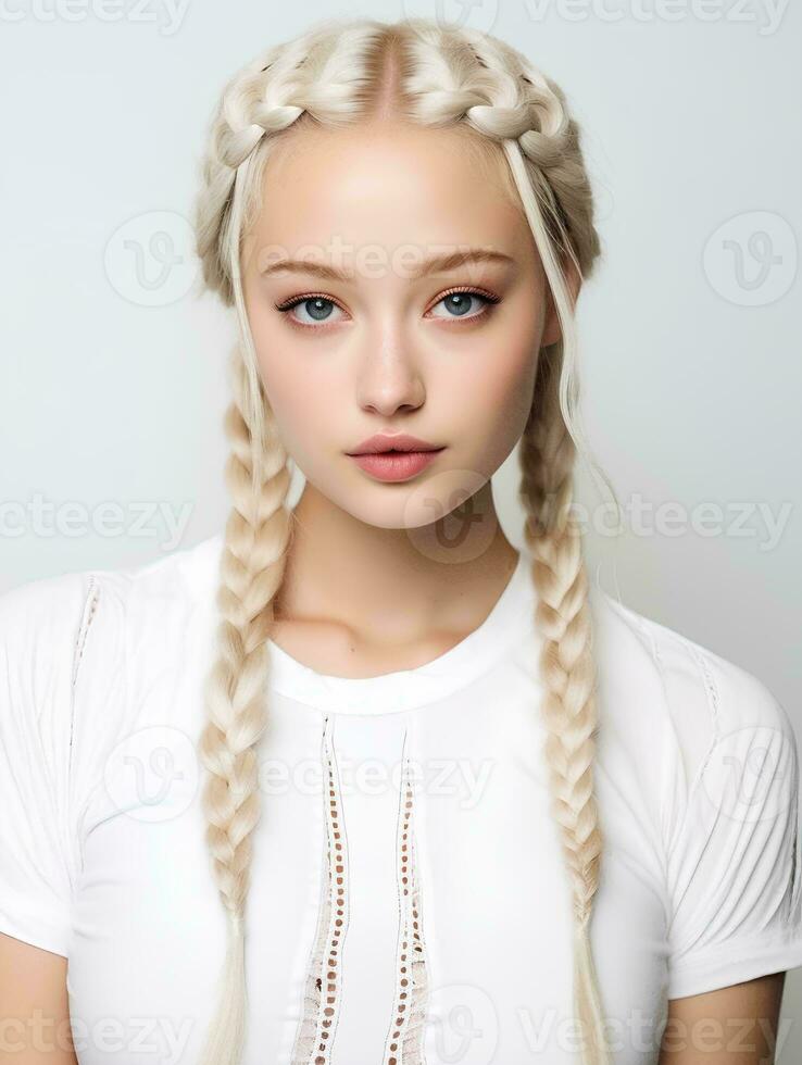 AI generated portrait of beautiful young woman with long braided blonde hair, isolated white background, AI Generative photo
