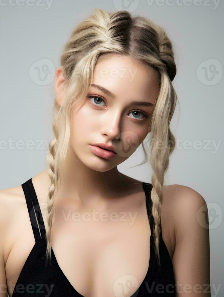 AI generated portrait of beautiful young woman with long braided blonde hair, isolated white background, AI Generative photo