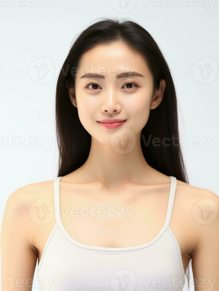 AI generated Portrait of young Asian female beauty model wearing tank top with clean white skin, studio photo, isolated white background, AI Generative photo