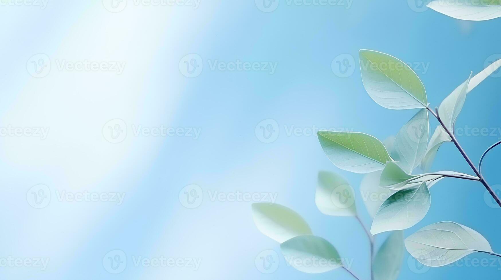 AI generated Blurred shadow of plant leaves on light blue wall, Abstract background for product presentation, Spring and summer photo