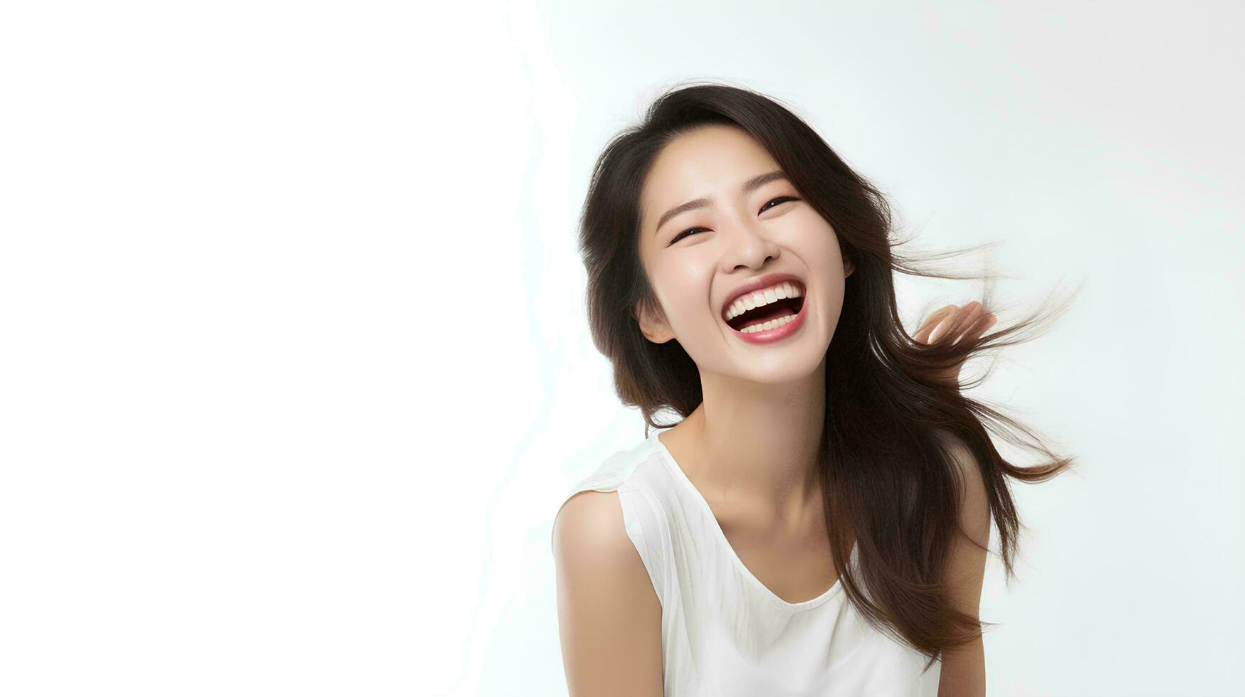 AI generated professional studio photo of beautiful young white Japanese female model with perfectly clean teeth with laughing expression, isolated white background