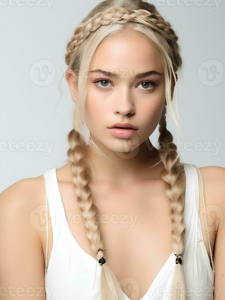 AI generated portrait of beautiful young woman with long braided blonde hair, isolated white background, AI Generative photo