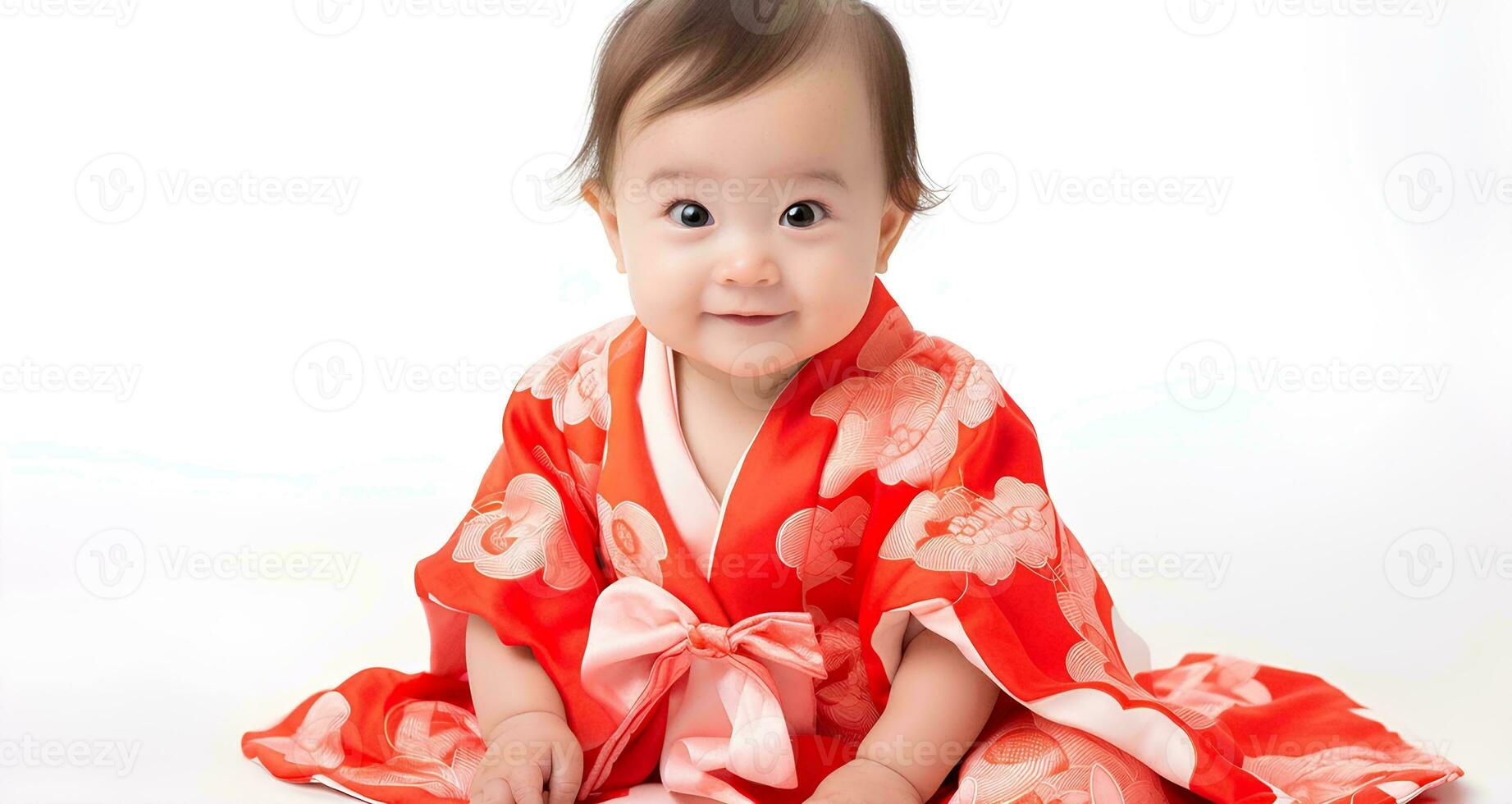 ai generado retrato de japonés bebé niña modelo vistiendo linda kimono, 8 mes antiguo bebé, estudio foto, aislado blanco fondo, para publicidad y web diseño foto