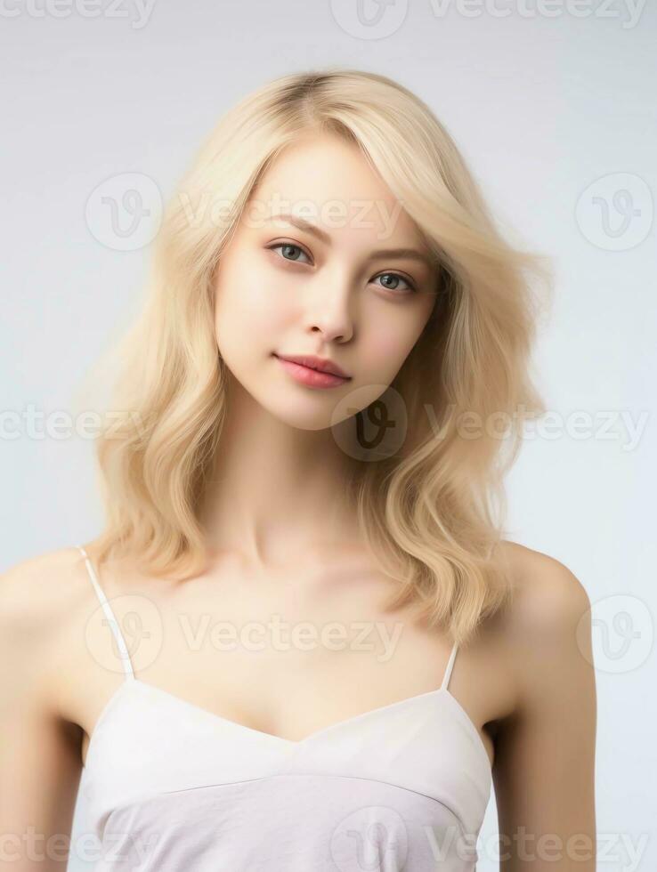 AI generated Close up of beautiful Japanese woman in feminine dress with blonde hair, isolated white background, AI Generative photo
