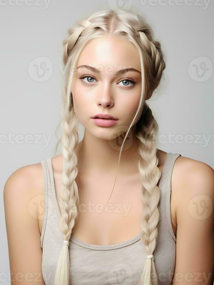 AI generated portrait of beautiful young woman with long braided blonde hair, isolated white background, AI Generative photo