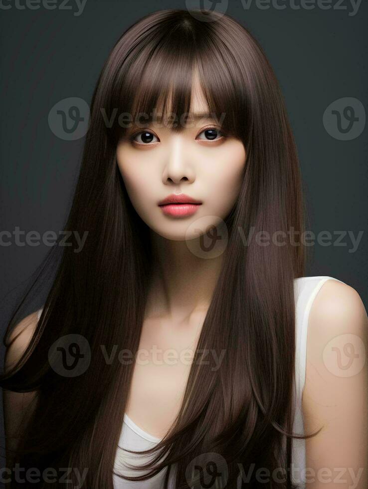 AI generated Portrait of beautiful young Korean woman with long straight hair with soft bangs, AI Generative photo