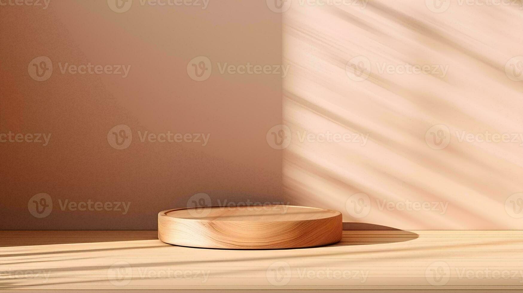 ai generado vacío minimalista natural madera mesa, hermosa madera grano en luz de sol, sombra en beige muro, 3d producto monitor antecedentes foto