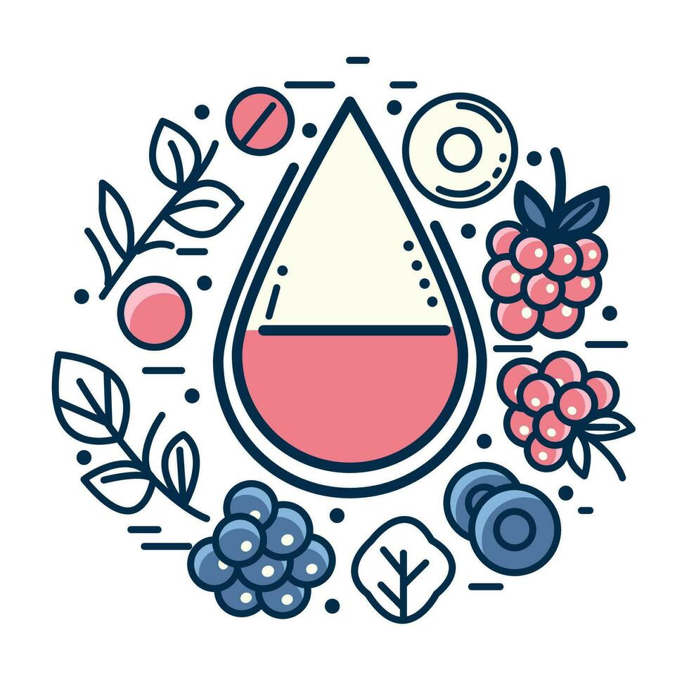 orgánico producto concepto. frutas, bayas , esencial aceite, vitaminas vector ilustración en línea Arte estilo en blanco antecedentes.