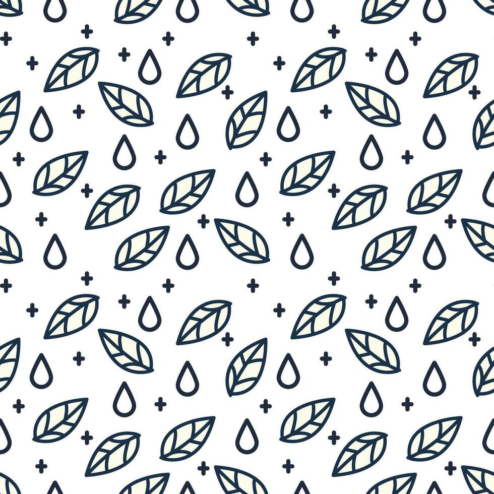 Seamless pattern with leaves, drops and doodles elements. Vector background.