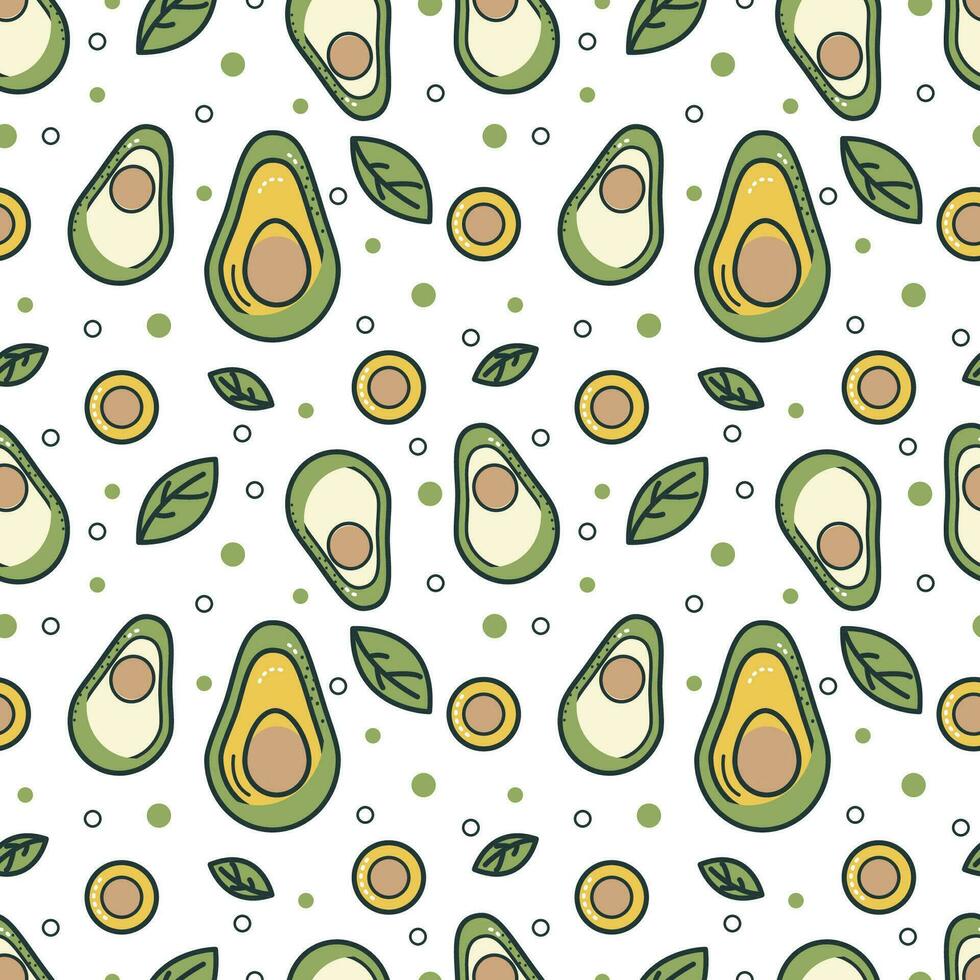 Seamless pattern with avocado and leaves. Vector eco background.