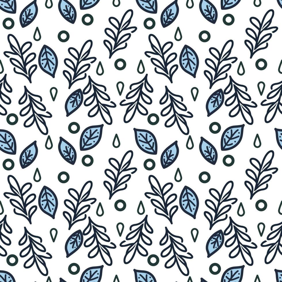 Seamless pattern with leaves, drops and doodles elements. Vector background.