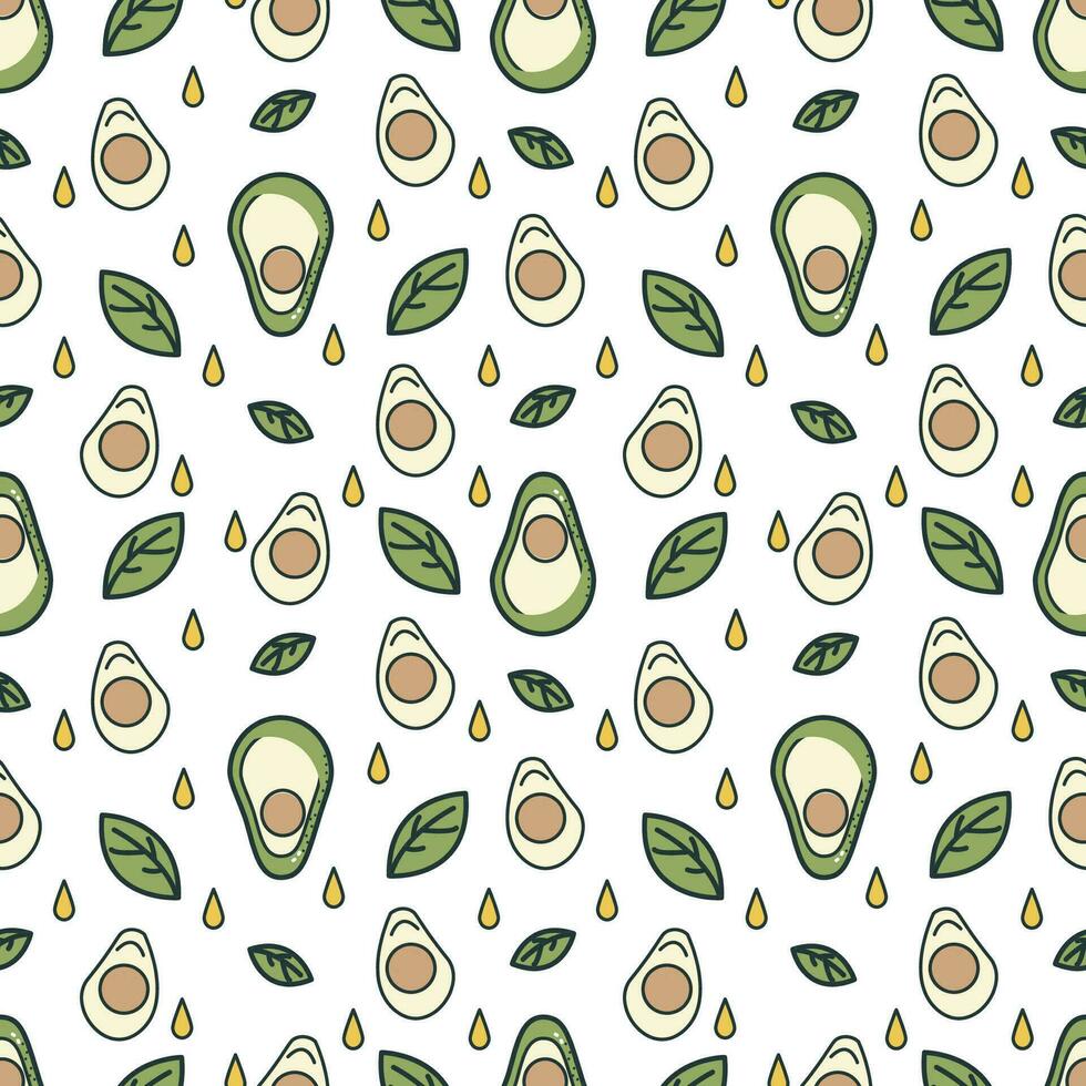 Seamless pattern with avocado and leaves. Vector eco background.