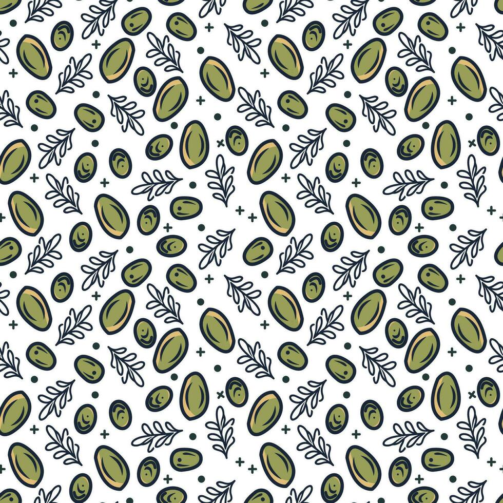 Seamless pattern,  green olives, oil drops and leaves. Hand drawn vector background.