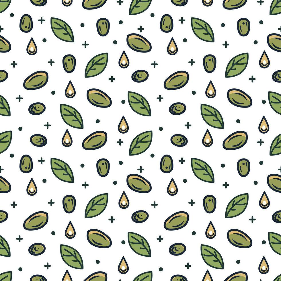 Seamless pattern,  green olives, oil drops and leaves. Hand drawn vector background.
