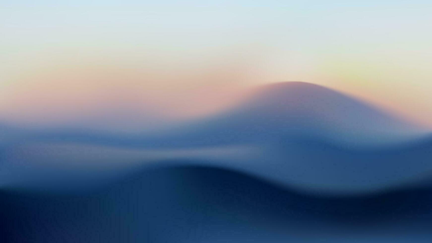 Vector gradient mountain landscape with a sunrise in fog. Volumetric wavy background. Blurred silhouettes of hills at sunset. Colorful abstract wallpaper.
