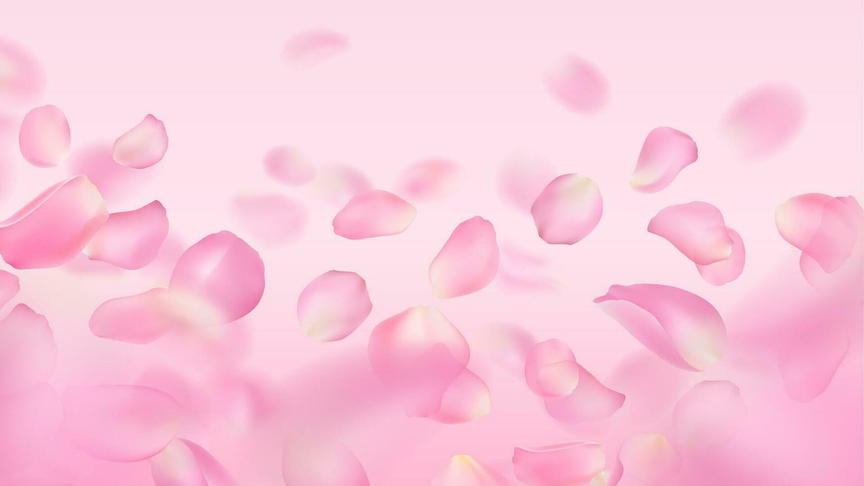 Vector wallpaper of realistic rose petals. Close-up. Template of flying voluminous blurred pink sakura petal with blur effect. Spring floral illustration for background, banner, romantic greeting card