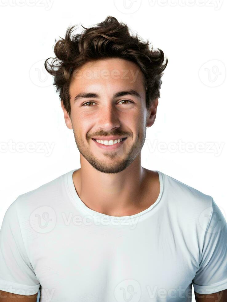 AI generated Portrait of a young man, smiling expression, studio shot, isolated white background, AI Generative photo