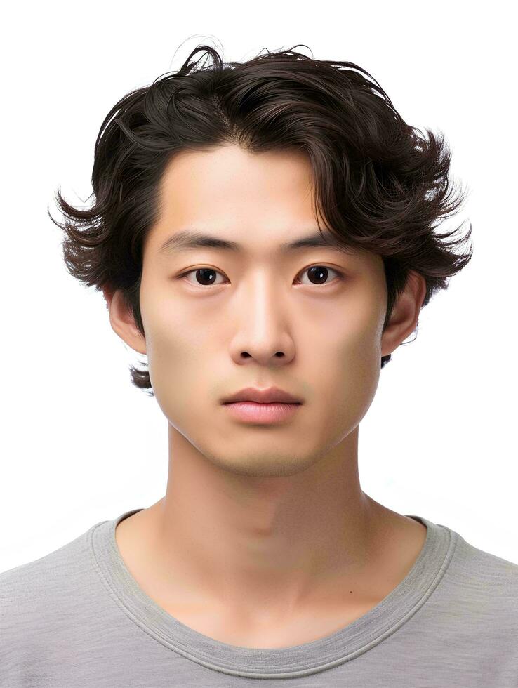 AI generated Portrait of a young japanese man, no facial expression, half body shot, facing the camera, photo, isolated white background, AI Generative photo