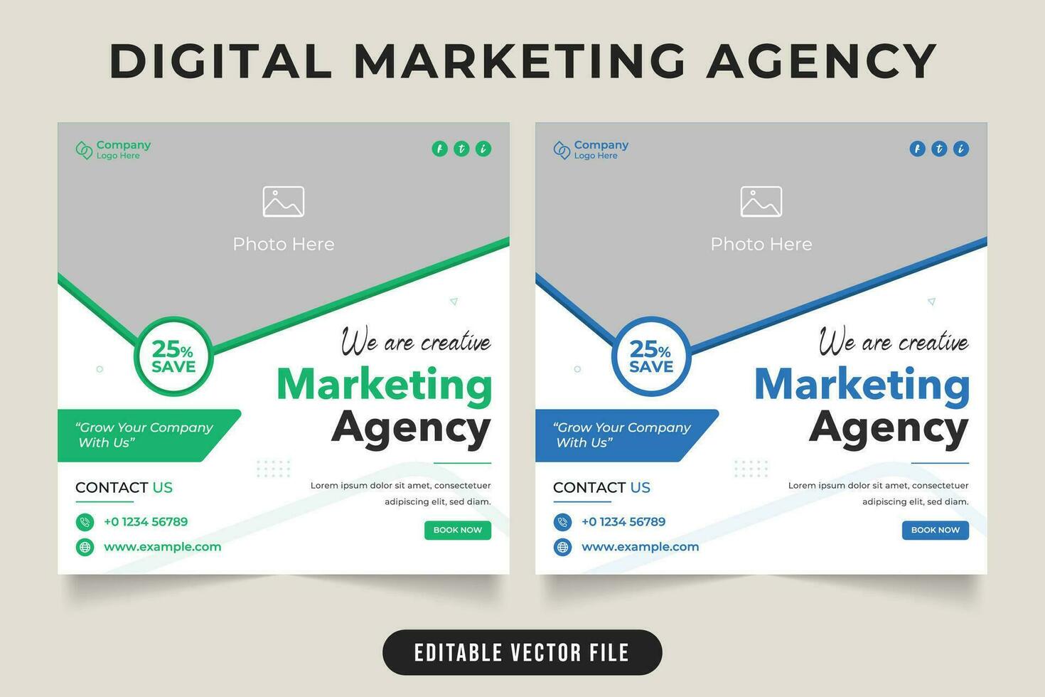 Marketing agency service promotional template vector with photo placeholders. Modern business advertisement web banner design. Digital marketing business social media post with green and blue colors.