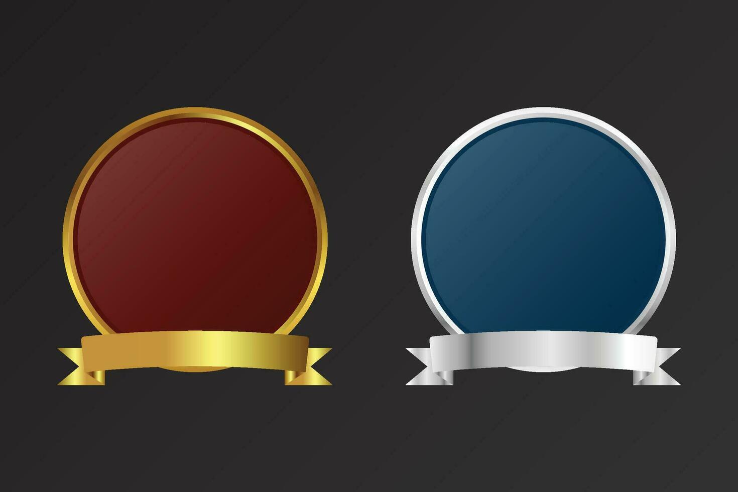 Luxurious golden and silver badge vector with ribbons and text space. Blank round badge element vector on a dark background. Celebration or official badge design with dark red and blue colors.