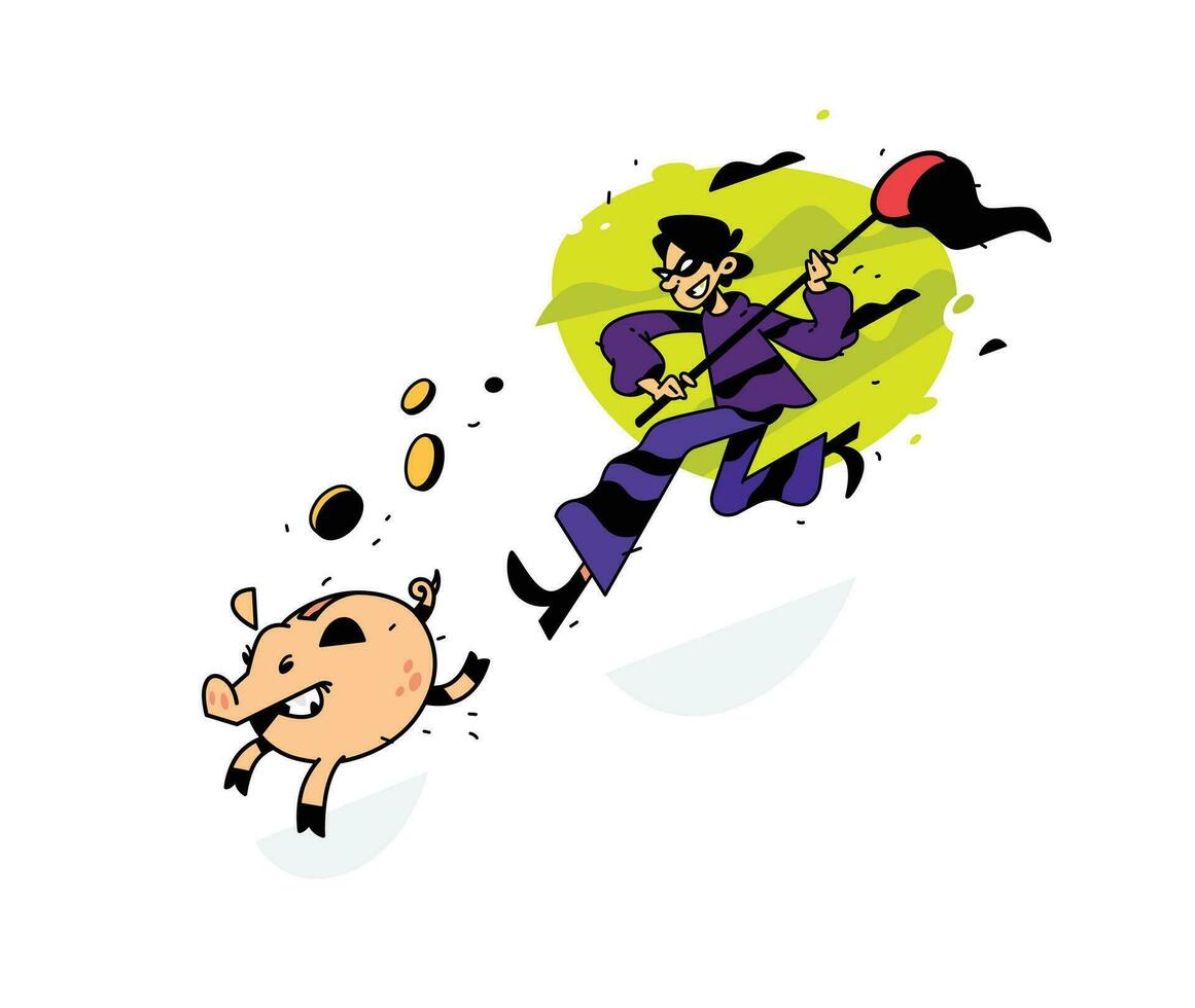 Illustration of a man running after a piggy bank with a net. Vector illustration. Image is isolated on white background. Earnings on bank deposits. Investment of money. In pursuit of profit.