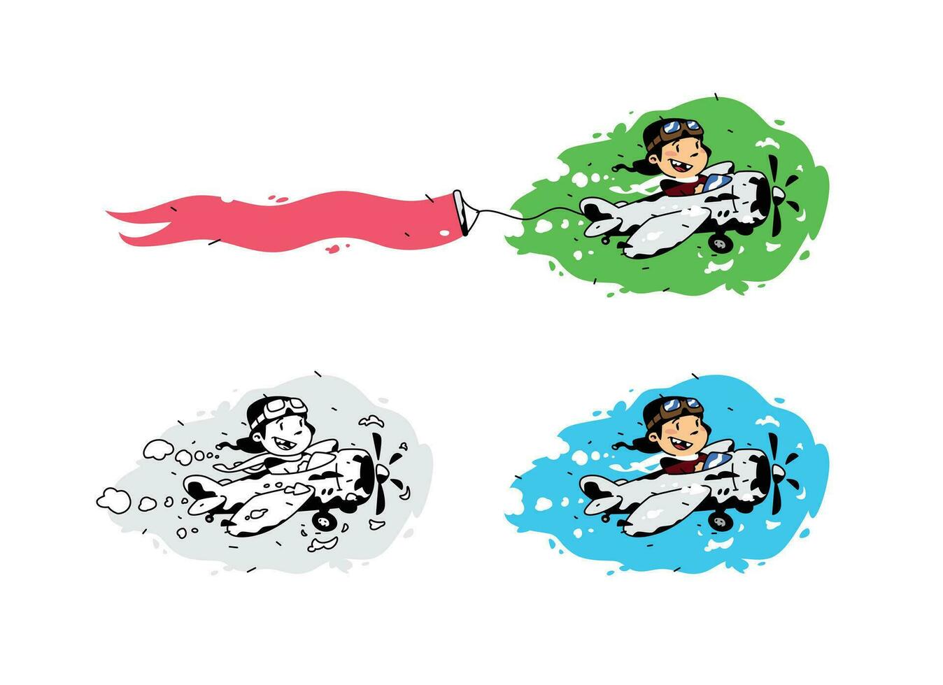 Illustration of a cartoon boy flying in a plane with a ribbon. Vector illustration. Image is isolated on white background. A set of different pictures. Advertising in the air.