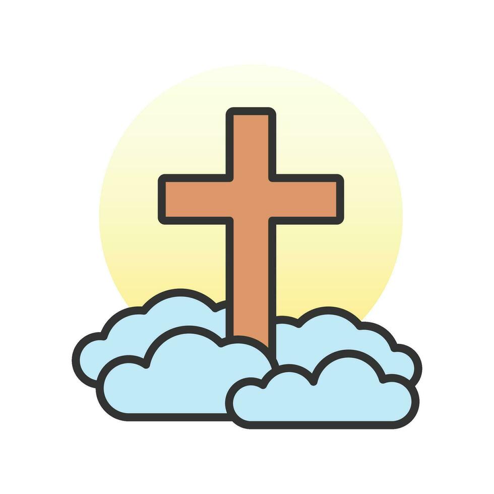 él es resucitado cruzar en nubes, cristiano religioso diseño para Pascua de Resurrección celebracion, brillante cruzar y cielo con blanco nubes plano vector ilustración.