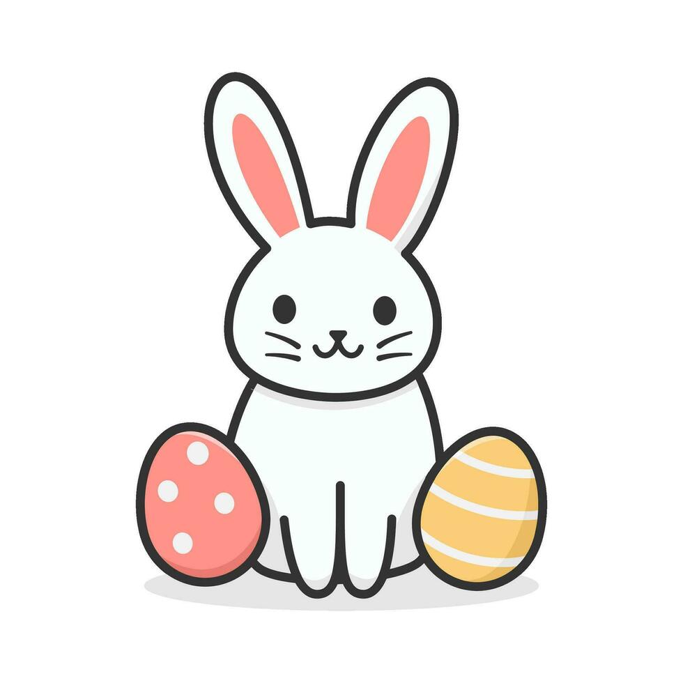 White Easter bunny rabbit with pastel Easter eggs vector illustration. Happy spring holidays.