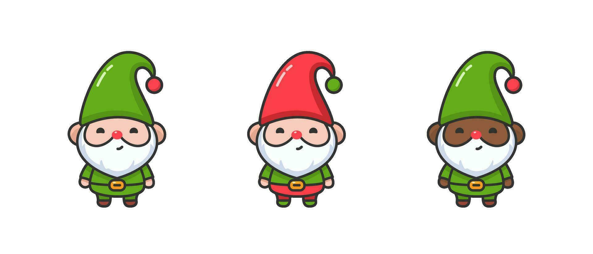 Cute Christmas gnomes with gifts, Christmas tree, house, decor. New Year and Christmas attributes vector flat illustration. Traditional winter holidays.