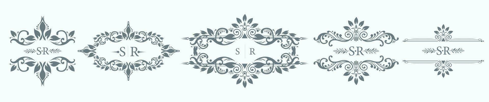 SR initial with intricate border designs for wedding monogram. Set of five wedding crests with SR logo vector