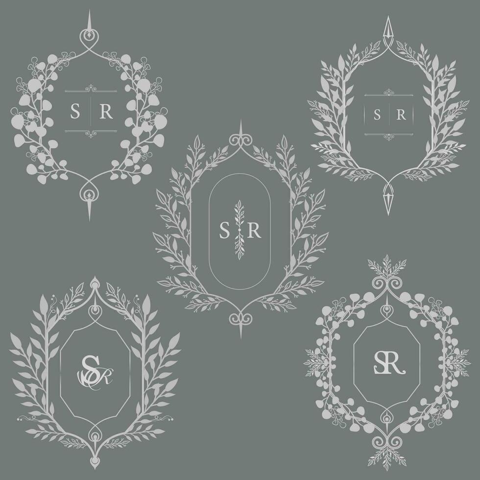 SR initials with intricate border designs for wedding monogram. Set of five wedding crests with SR logo vector